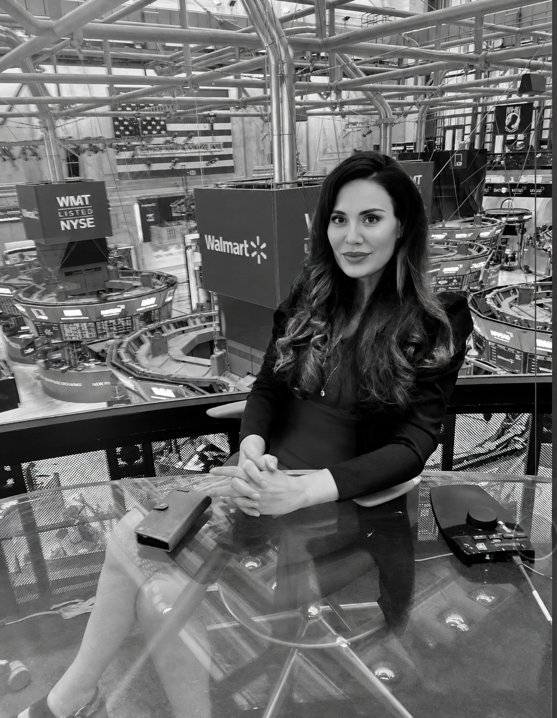 Nadja Atwal in black and white at Wall Street